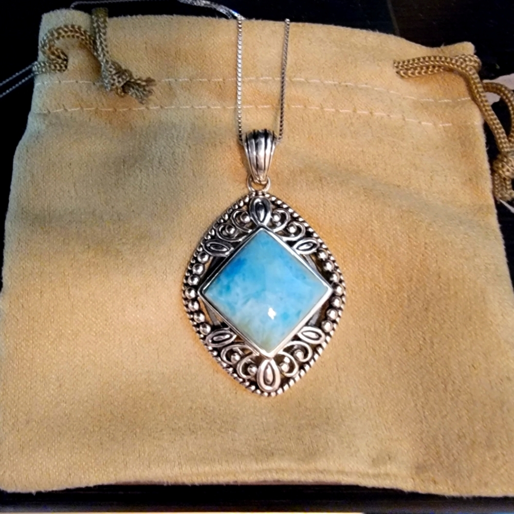 Blue Larimar Sterling Silver Pendant With Chain